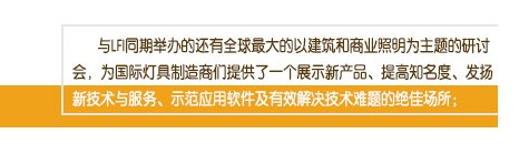 與LFI同期舉辦的還有全球最大的以建筑和商業(yè)照明為主題的研討會(huì)，為國(guó)際燈具制造商們提供了一個(gè)展示新產(chǎn)品、提高知名度、發(fā)揚(yáng)新技術(shù)與服務(wù)、示范應(yīng)用軟件及有效解決技術(shù)難題的絕佳場(chǎng)所；