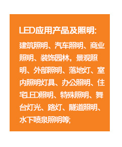 ?	LED應用產品及照明：建筑照明、汽車照明、商業(yè)照明、裝飾園林，景觀照明、外部照明、落地燈、室內照明燈具、辦公照明、住宅LED照明、特殊照明、舞臺燈光、路燈、隧道照明、水下噴泉照明等；