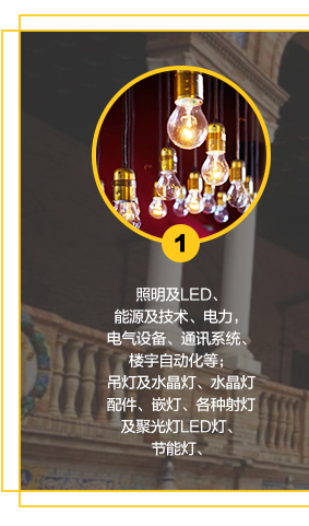 照明及LED、能源及技術(shù)、電力，電氣設(shè)備、通訊系統(tǒng)、樓宇自動化等；吊燈及水晶燈、水晶燈配件、嵌燈、各種射燈及聚光燈LED燈、節(jié)能燈、