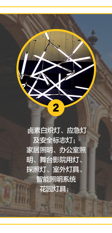鹵素白熾燈、應(yīng)急燈及安全標(biāo)志燈;家居照明、辦公室照明、舞臺影院用燈、探照燈、智能照明系統(tǒng)室外燈具、花園燈具;